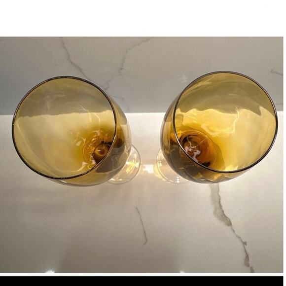 Set of 6 Amber Optic Swirl Wine Glasses Clear Stems 9" Tall Blown Glass 10 oz - Picture 5 of 6